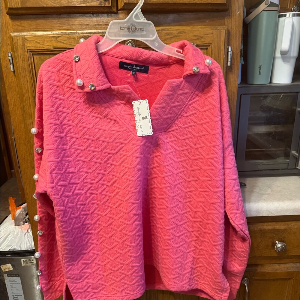 Maggy London Hot Pink Quilted Polo Sweater with Pearl Accents